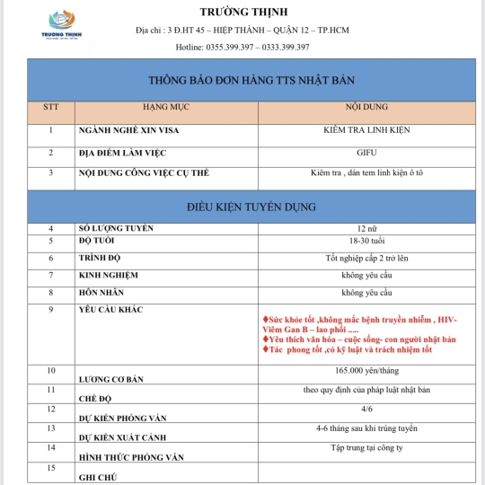 ĐƠN HÀNG TTS KIỂM TRA LINH KIỆN TẠI NHẬT 